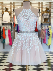 Halter Neck Short Champagne Lace Prom Dresses, Halter Neck Short Champagne Lace Homecoming Dresses