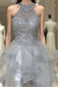 Halter Neck Short Gray Lace Formal Prom Dresses, Short Gray Lace Formal Graduation Dresses