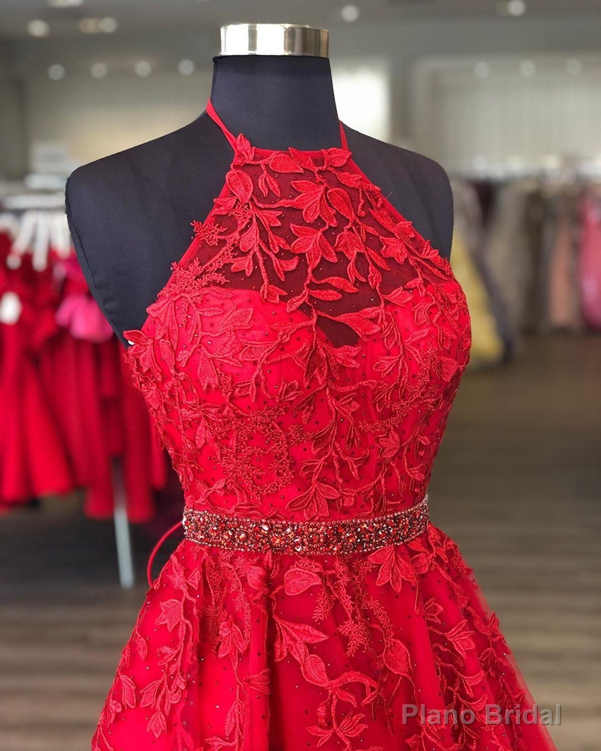 Halter Neck Short Red Lace Prom Dresses, Short Red Lace Formal Homecoming Dresses