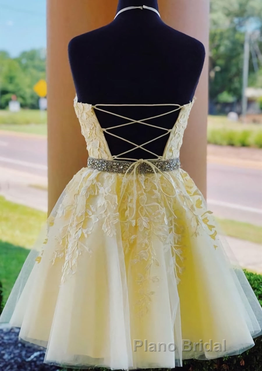 Halter Neck Short Yellow Lace Formal Prom Dressses, Backless Short Yellow Lace Formal Homecoming Dresses