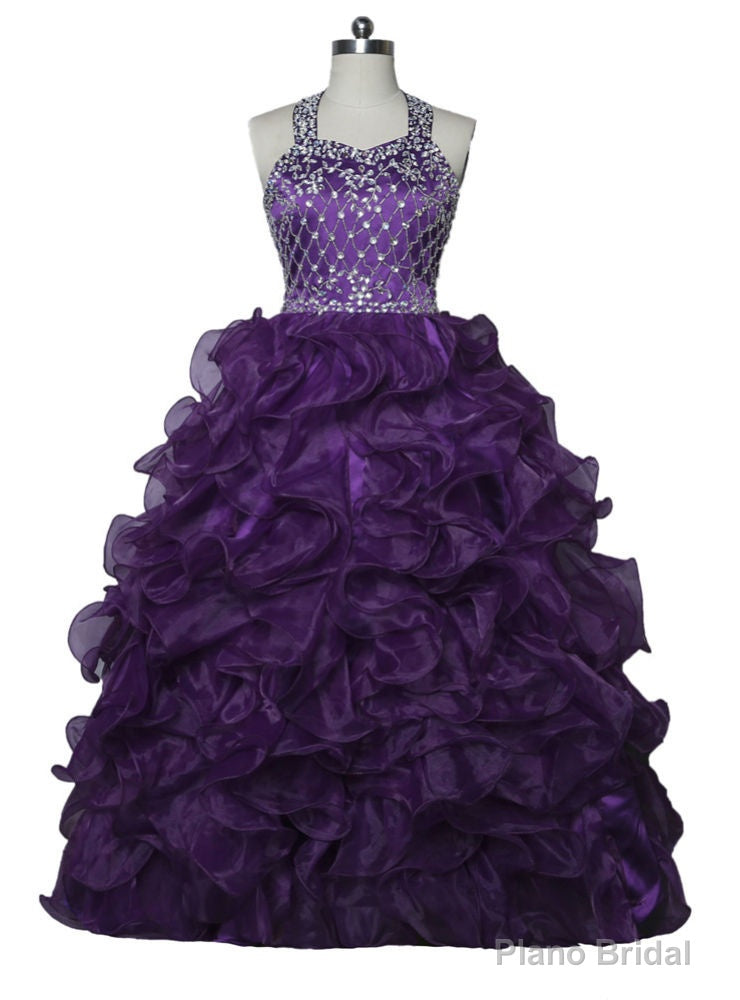 Halter Organza Purple Girls Pageant Dresses For Weddings Ball Gown