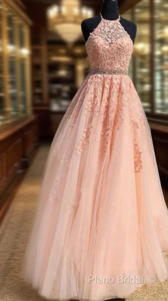 Halter Pink Lace Formal Prom Dresses With Appliques, Main image