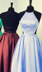 Halter Formal Prom Long Satin Gown Dresses Lace Up Back