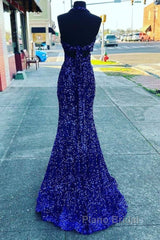 Halter Royal Blue Sequin Evening Dresses Uk Long Formal Prom Dresses