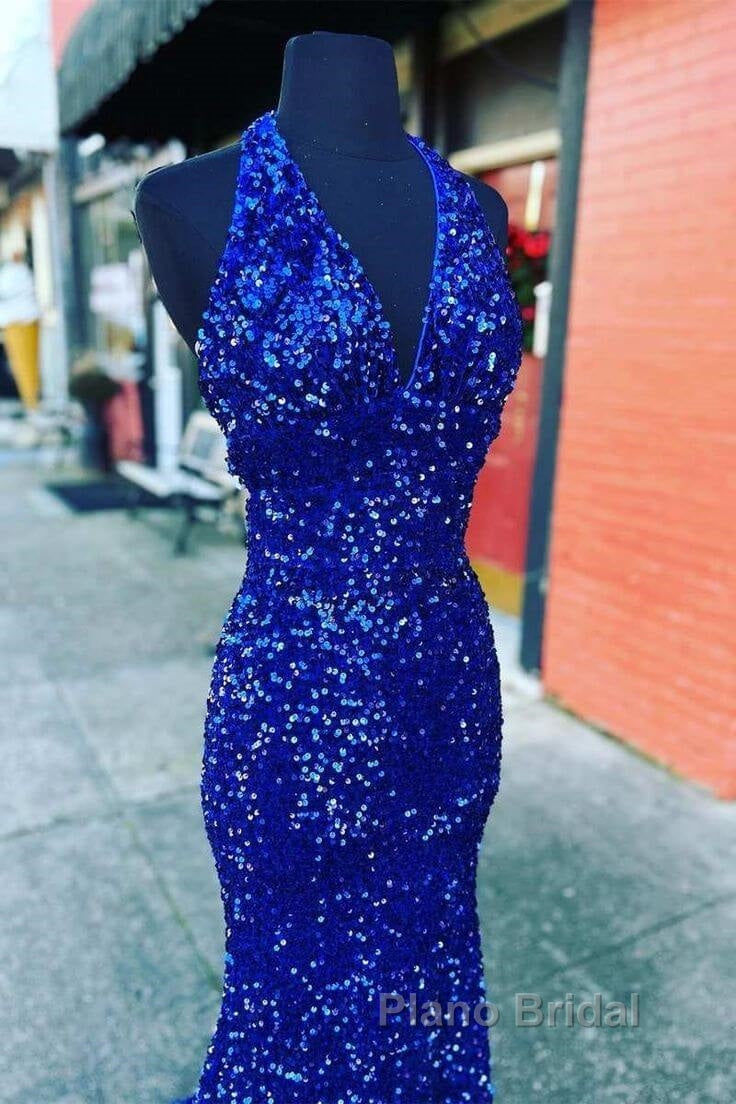 Halter Royal Blue Sequin Evening Dresses Uk Long Formal Prom Dresses