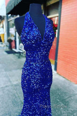 Halter Royal Blue Sequin Evening Dresses Uk Long Formal Prom Dresses