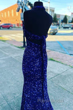 Halter Royal Blue Sequin Evening Dresses Uk Long Formal Prom Dresses