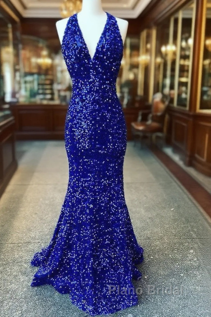 Halter Royal Blue Sequin Evening Dresses Uk Long Formal Prom Dresses Main image