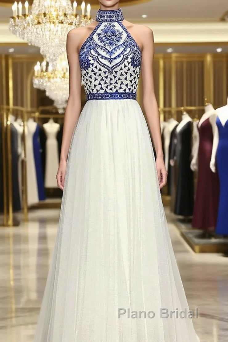 Halter Scoop Neck Tulle Floor-Length Formal Prom Dresses