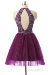 Halter Sleeveless Short Purple Homecoming Dresses Formal Prom Dresses