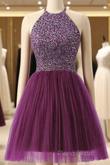 Halter Sleeveless Short Purple Homecoming Dresses Formal Prom Dresses