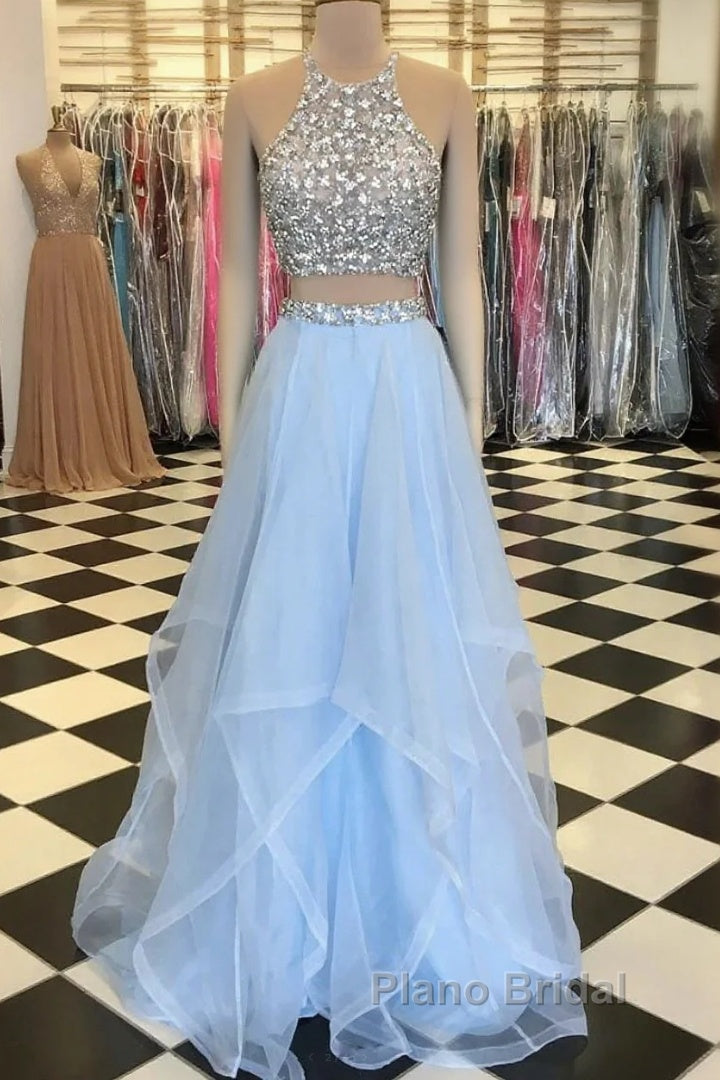 Halter Two Piece Beading Blue Ruffles Tulle Formal Prom Dresses Main image