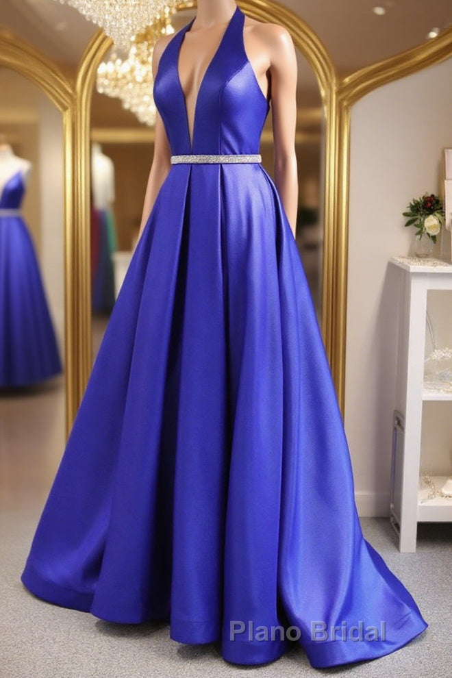Halter V Neck Backless Blue Long Formal Prom Dresses with Belt, Backless Blue Formal Evening Dresses Main image