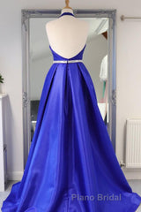 Halter V Neck Backless Blue Long Formal Prom Dresses with Belt, Backless Blue Formal Evening Dresses