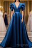 Blue V Neck Satin Short Sleeves Long Formal Prom Dresses Blue Satin Evening Dresses
