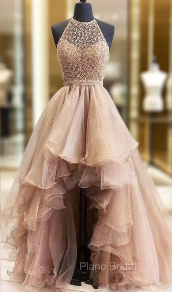 Hi Low Robe De Soiree Ball Gown High Collar Organza Lace Pearls Sexy Long Formal Prom Dresses Formal Prom Gown Evening Dresses Main image