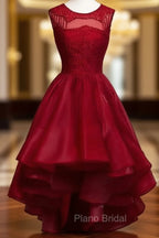 High-Low Burgundy Organza Homecoming Dresses Beading