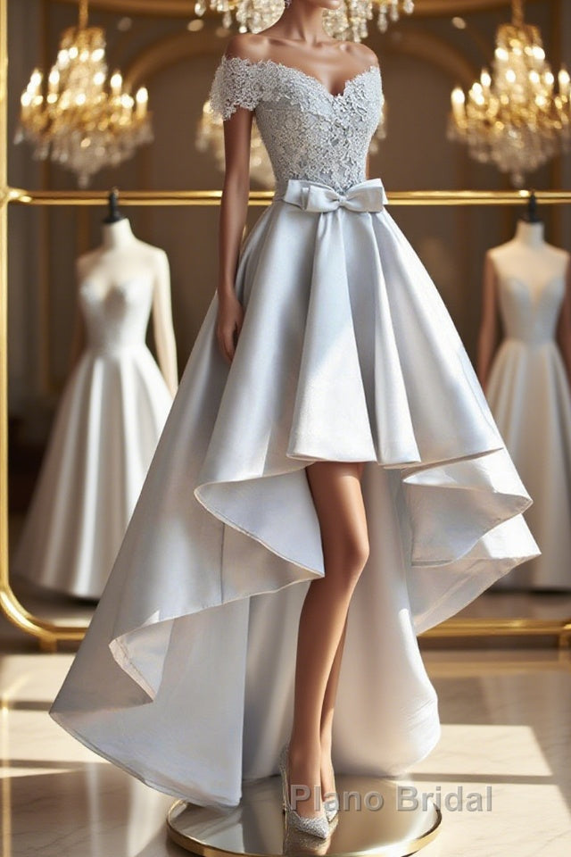 High Low Off Shoulder Gray Lace Formal Prom Dress, Off the Shoulder Gray Homecoming Dress, Gray Lace Formal Evening Dress Main image