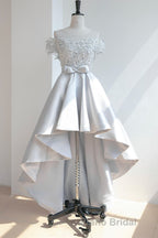 High Low Off Shoulder Gray Lace Formal Prom Dress, Off the Shoulder Gray Homecoming Dress, Gray Lace Formal Evening Dress