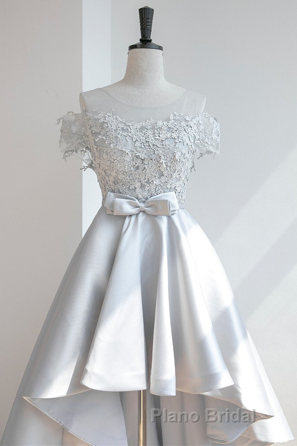 High Low Off Shoulder Gray Lace Formal Prom Dress, Off the Shoulder Gray Homecoming Dress, Gray Lace Formal Evening Dress