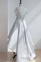 High Low Off Shoulder Gray Lace Formal Prom Dress, Off the Shoulder Gray Homecoming Dress, Gray Lace Formal Evening Dress