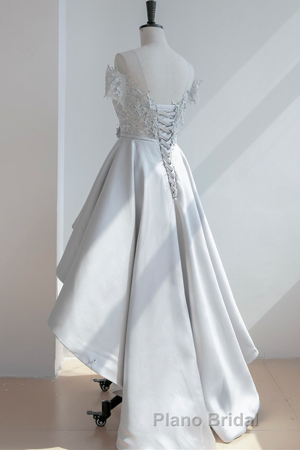 High Low Off Shoulder Gray Lace Formal Prom Dress, Off the Shoulder Gray Homecoming Dress, Gray Lace Formal Evening Dress