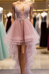 High Low Pink Lace Formal Prom Dresses, Pink High Low Formal Graduation Homecoming Dresses