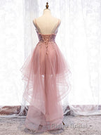 High Low Pink Lace Formal Prom Dresses, Pink High Low Formal Graduation Homecoming Dresses