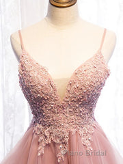 High Low Pink Lace Formal Prom Dresses, Pink High Low Formal Graduation Homecoming Dresses
