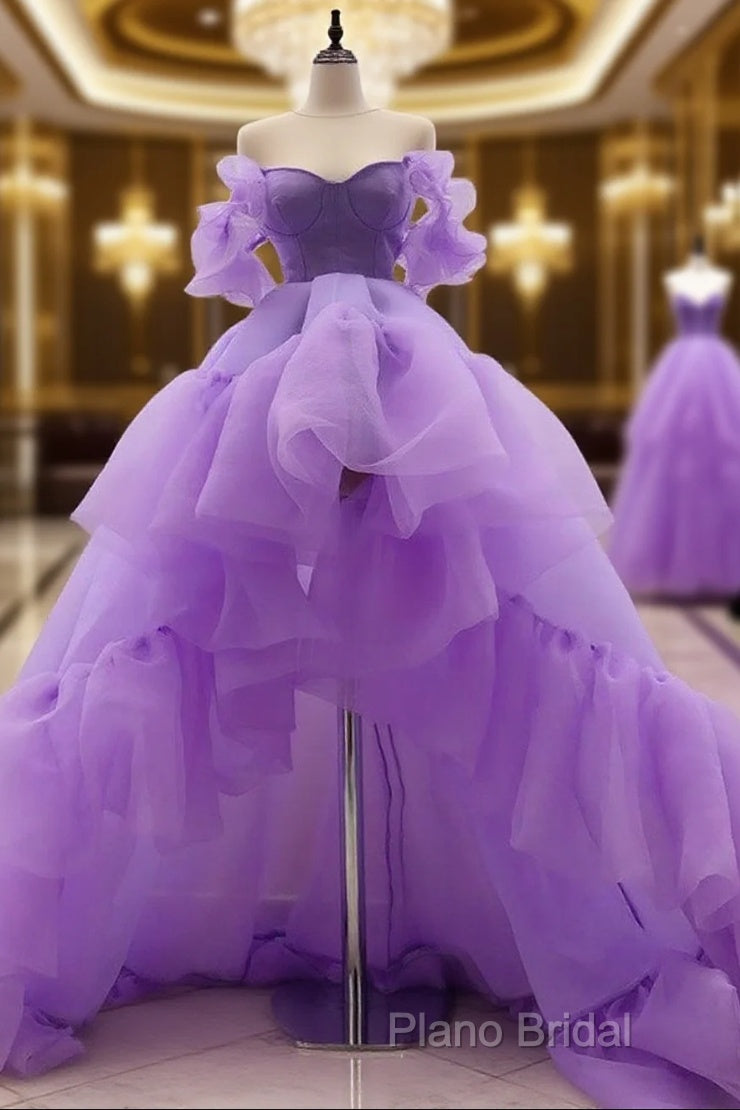 High Low Puffy Sleeves Tulle Purple Formal Prom Dresses