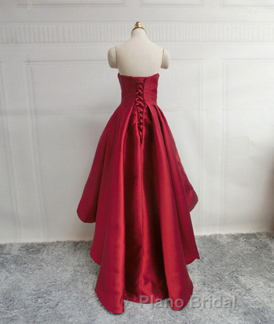 High Low Sweetheart Neck Strapless Backless Satin Red Formal Prom Dresses, Red Graduation Dresses, Red Backless Formal Evening Dresses Secondary image