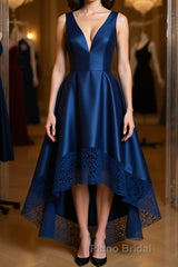 High Low V Neck Blue Satin Formal Prom Dresses, Open Back Blue Formal Dresses, Blue Evening Dresses