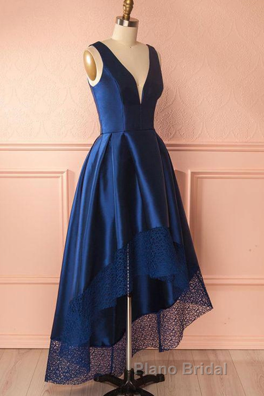 High Low V Neck Blue Satin Formal Prom Dresses, Open Back Blue Formal Dresses, Blue Evening Dresses