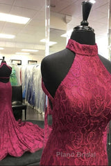 High Neck Backless Burgundy Lace long Formal Prom Dress, Long Burgundy Lace Formal Evening Dress, Burgundy Ball Gown