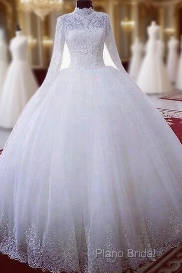 High Neck Ball Gown Muslim Wedding Dresses Lace Applique Long Sleeves Bridal Wear Main image