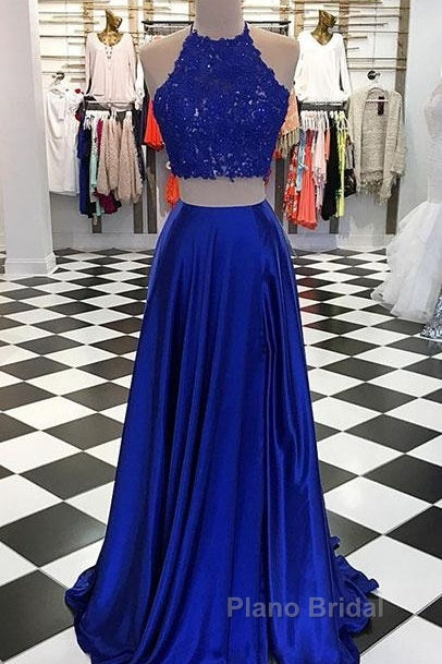 High Neck Blue Two Pieces Long Formal Prom Dresses Secondary image