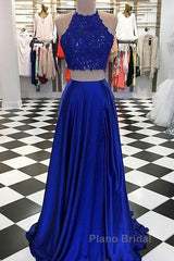 High Neck Blue Two Pieces Long Formal Prom Dresses