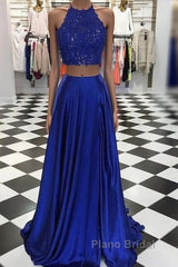 High Neck Blue Two Pieces Long Formal Prom Dresses