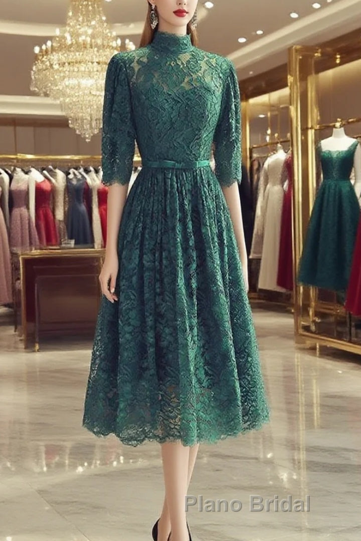 High Neck Half Sleeves Green Lace Formal Prom Dress, Green Lace Formal Graduation Homecoming Dress Main image