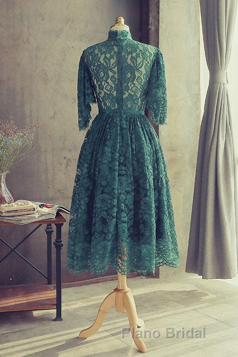 High Neck Half Sleeves Green Lace Formal Prom Dress, Green Lace Formal Graduation Homecoming Dress Secondary image