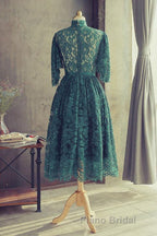 High Neck Half Sleeves Green Lace Formal Prom Dress, Green Lace Formal Graduation Homecoming Dress