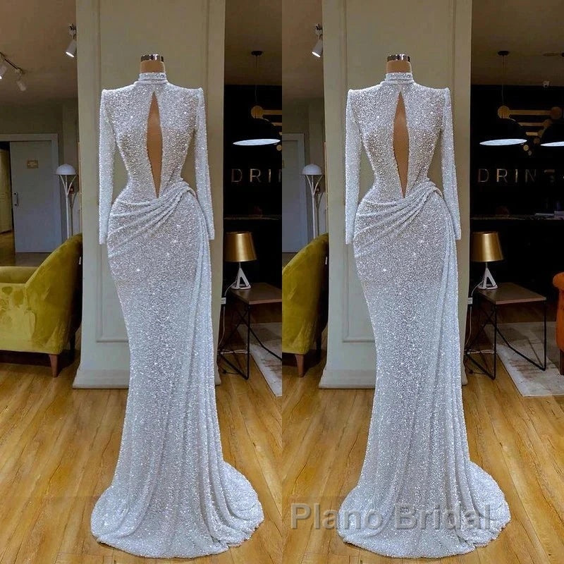 High Neck Keyhole Long Sleeve Sequin White Formal Prom Dresses Secondary image
