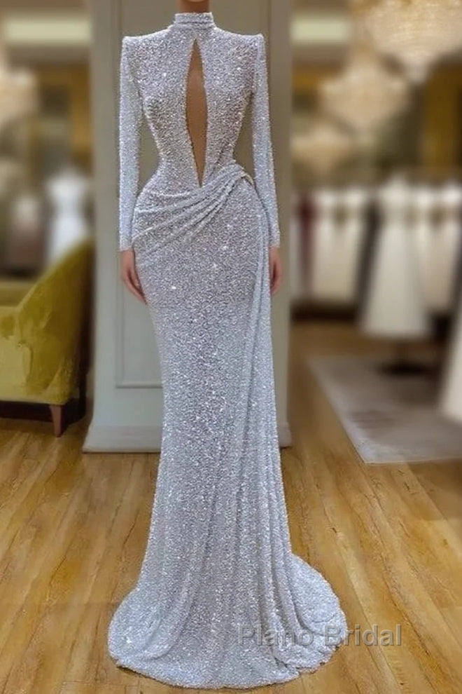High Neck Keyhole Long Sleeve Sequin White Formal Prom Dresses