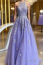 High Neck Long Purple Lace Formal Prom Dresses, Purple Lace Formal Evening Dresses