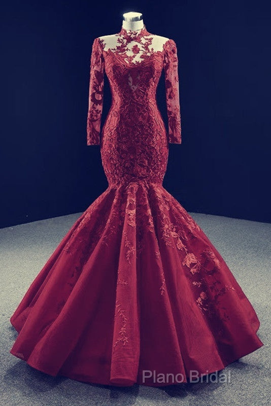 High Neck Mermaid Formal Dresses Lace Sleeves