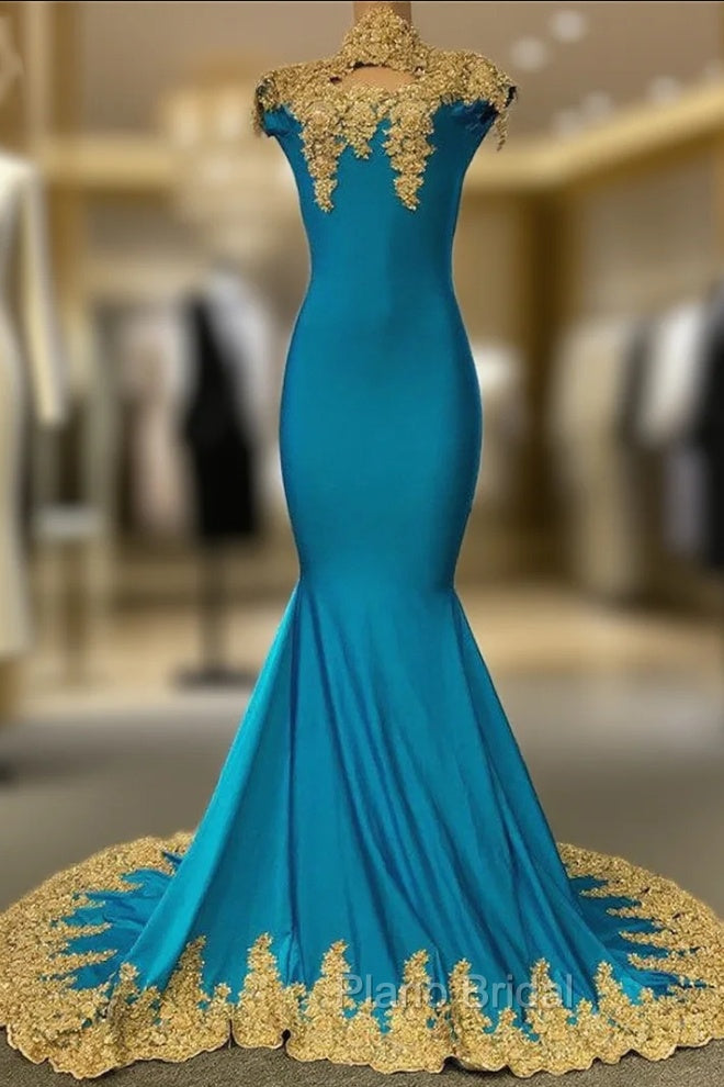 High Neck Mermaid Gold Lace Formal Prom Dresses with Chic Keyhole