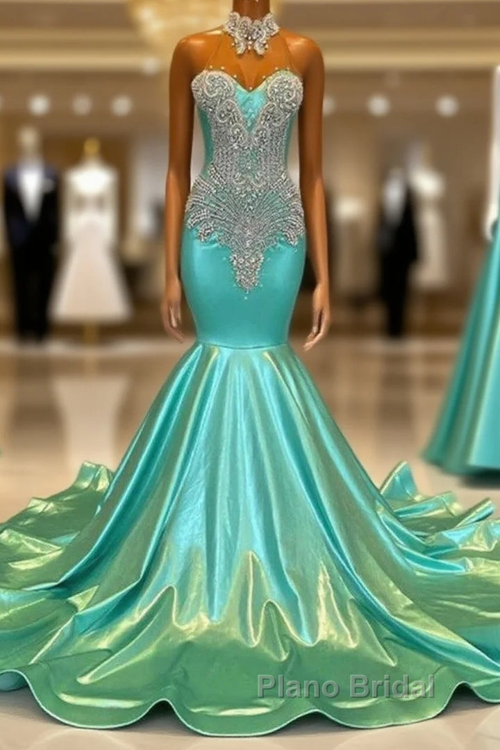 High Neck Mermaid Mint Green Satin Formal Prom Dresses Main image