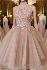 High Neck Open Back Short Champagne Lace Formal Prom Dress, Backless Champagne Lace Formal Graduation Dress, Champagne Lace Homecoming Dress