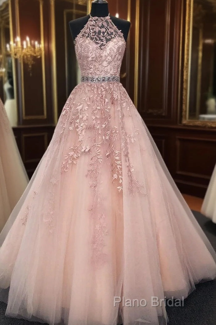 High Neck Pink Lace Formal Prom Dresses, Pink Lace Formal Graduation Dresses Main image