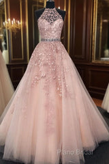 High Neck Pink Lace Formal Prom Dresses, Pink Lace Formal Graduation Dresses
